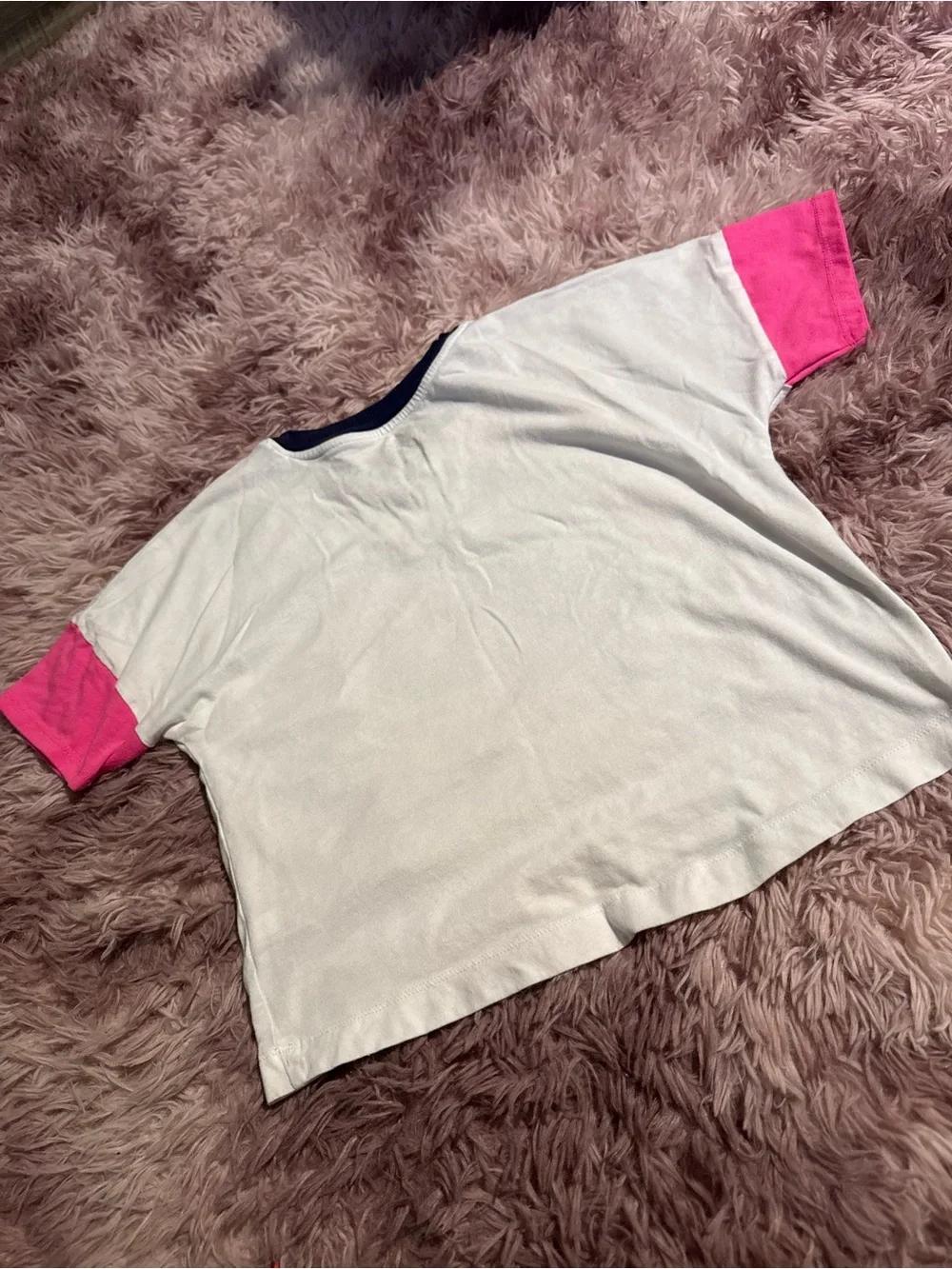 Justice White Tee with Pink Sleeves & Navy Logo